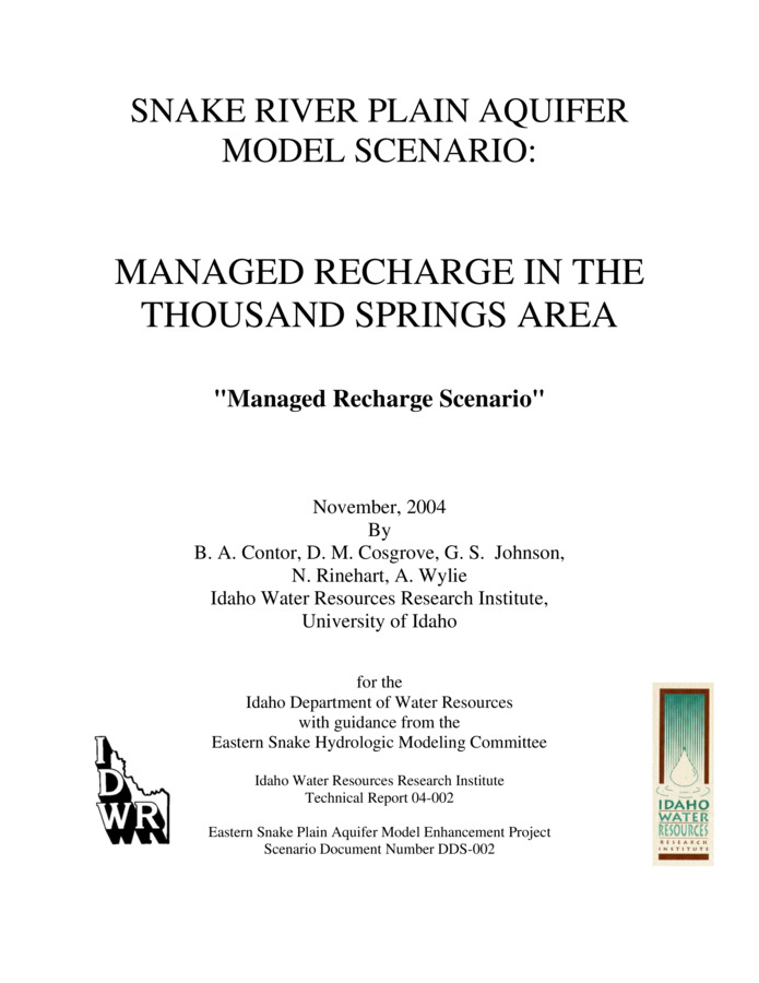 This scenario, Managed Recharge in the Thousand Springs Area (also known as the Recharge Scenario), is one of many Snake River Plain aquifer model scenarios being developed to assist in resolution of conflicts among water users and guide future water management such as implementation of managed recharge. Water management should be guided by a collective perspective from many of the scenario evaluations rather than a single document. These scenarios are being prepared for use with the enhanced Snake Plain Aquifer (ESPA) Model. [...] This "Recharge Scenario" is intended to answer the question "If we had been recharging in the Milner-Gooding and Northside Canal recharge sites during the past 22 years using all available water and canal capacity, what would be the expected increases in discharges to the river as a result of the managed recharge?" This scenario models one of the proposed managed recharge methods documented in "Draft Managed Aquifer Recharge Proposal, Thousand Springs Area, Idaho" (IDWR, 2004). The underlying theory of this scenario is that if, during the period of 1980-2002, we had been able to conduct managed recharge using available water, there would have been an increase in spring discharges to the Snake River. This scenario models this managed recharge and assesses the resultant distribution of gains to the Snake River. It is important to recognize that even after cessation of managed recharge activities, there is a residual impact to river reaches due to previous years of managed recharge. The magnitude and timing of this residual impact can also be evaluated using these scenarios. DRAFT.